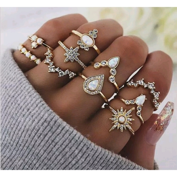 Jewelry - 10 piece golden alloy opal rhinestone boho stackable midi knuckle rings size 5-9